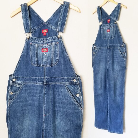 Dickies Women's L Relaxed Fit Bib Denim Overalls Jeans Mid Blue Farm Girl Cute - Picture 1 of 13